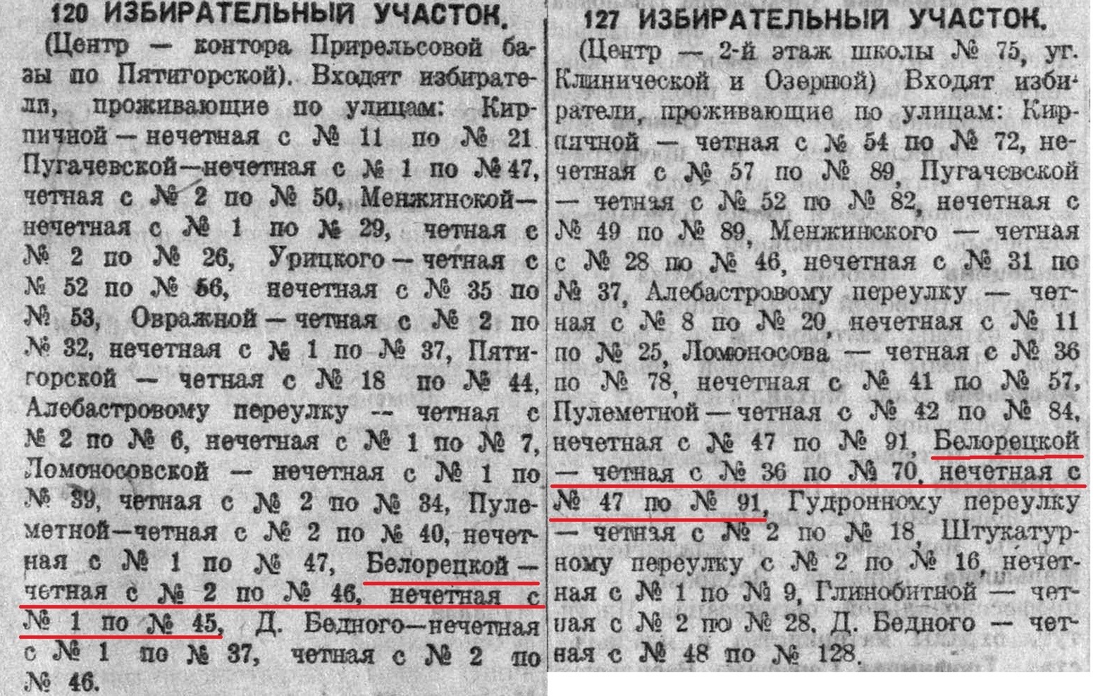 Улица Белорекая в избирательных списках 1937 года
